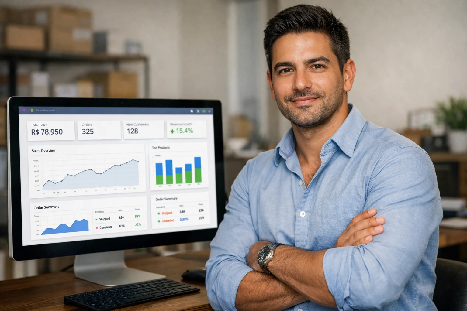 Profissional utilizando sistema personalizado para gestão empresarial