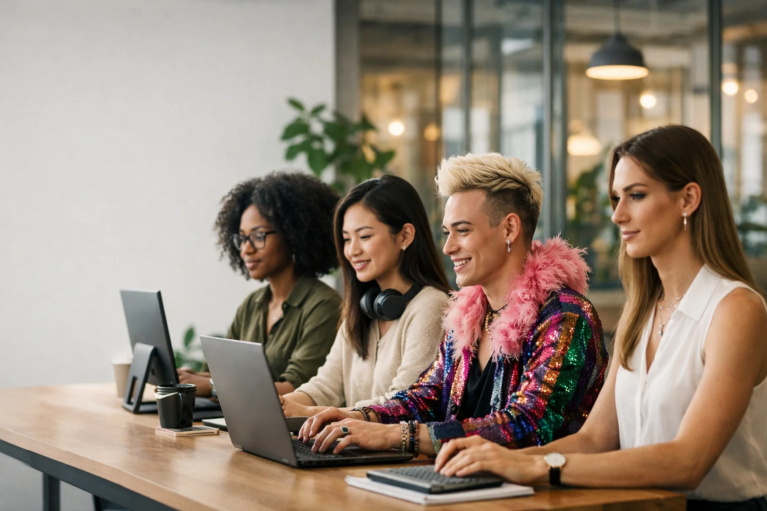 Profissionais diversos trabalhando em coworking moderno com computadores e luz natural