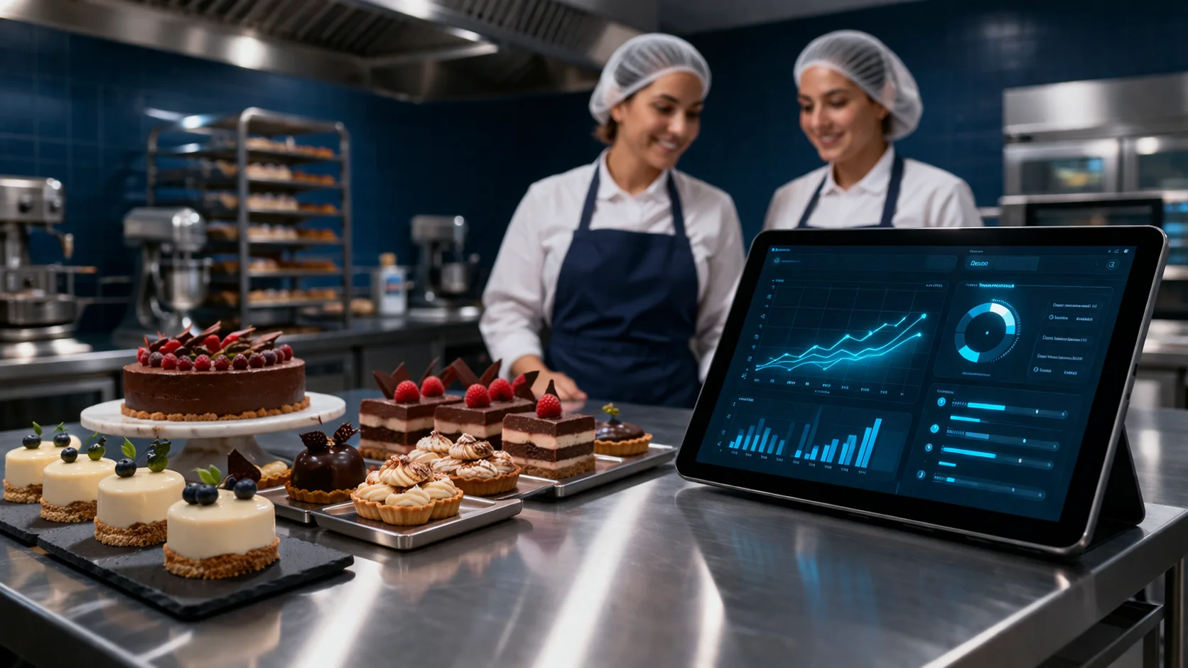 Cozinha industrial moderna com doces finos em bancada e tablet exibindo dashboard digital, com duas confeiteiras ao fundo