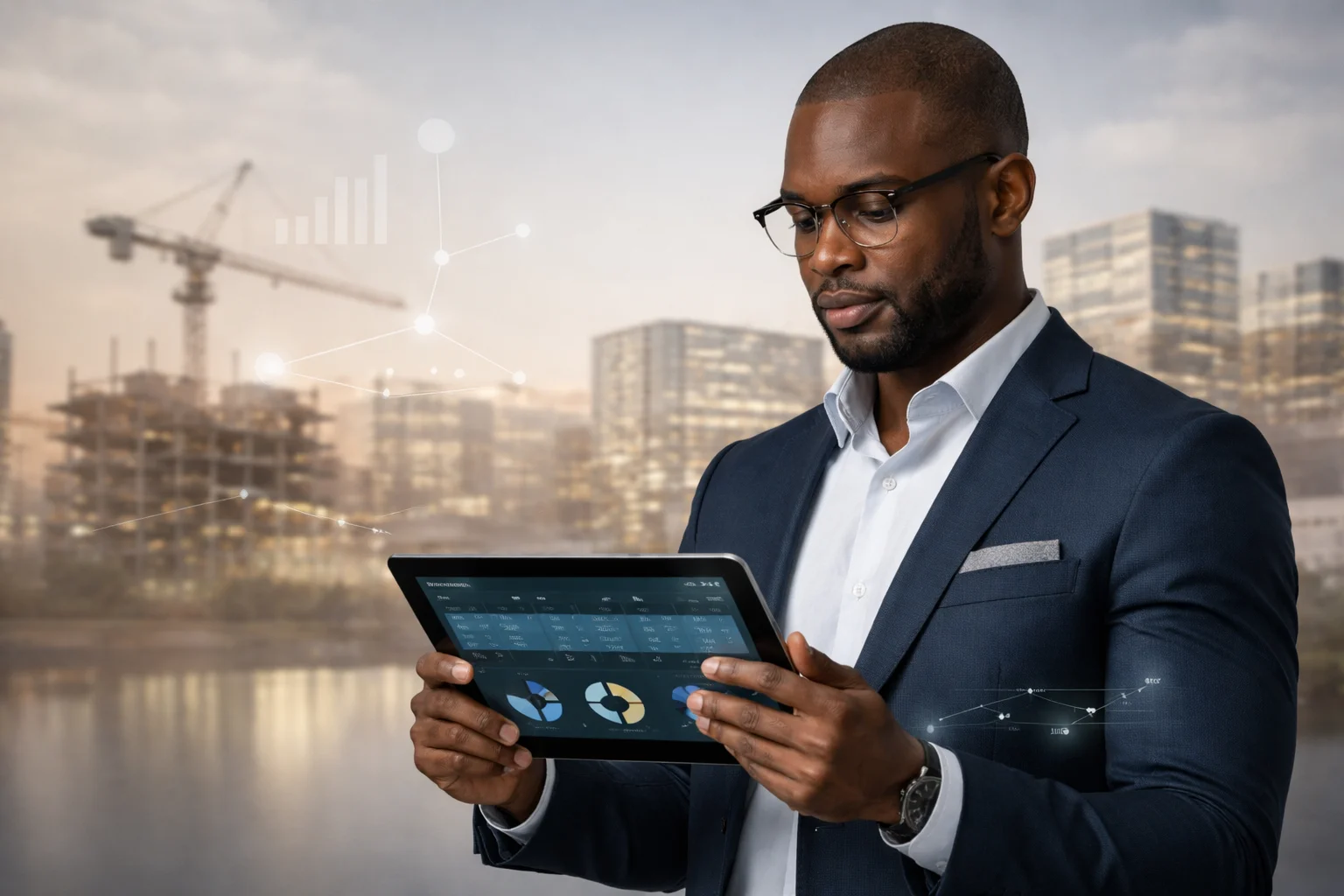 Profissional analisando CRM com pipeline de vendas para projetos imobiliários e industriais em tablet