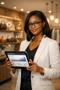 Mulher negra com óculos analisando dados de vendas em tablet com dashboard de CRM dentro de loja moderna