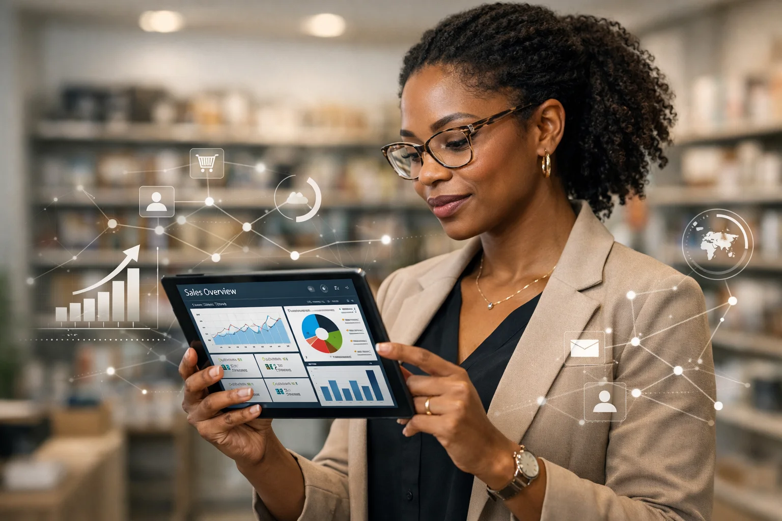 Mulher negra com óculos analisando dados de vendas em tablet com dashboard de CRM dentro de loja moderna