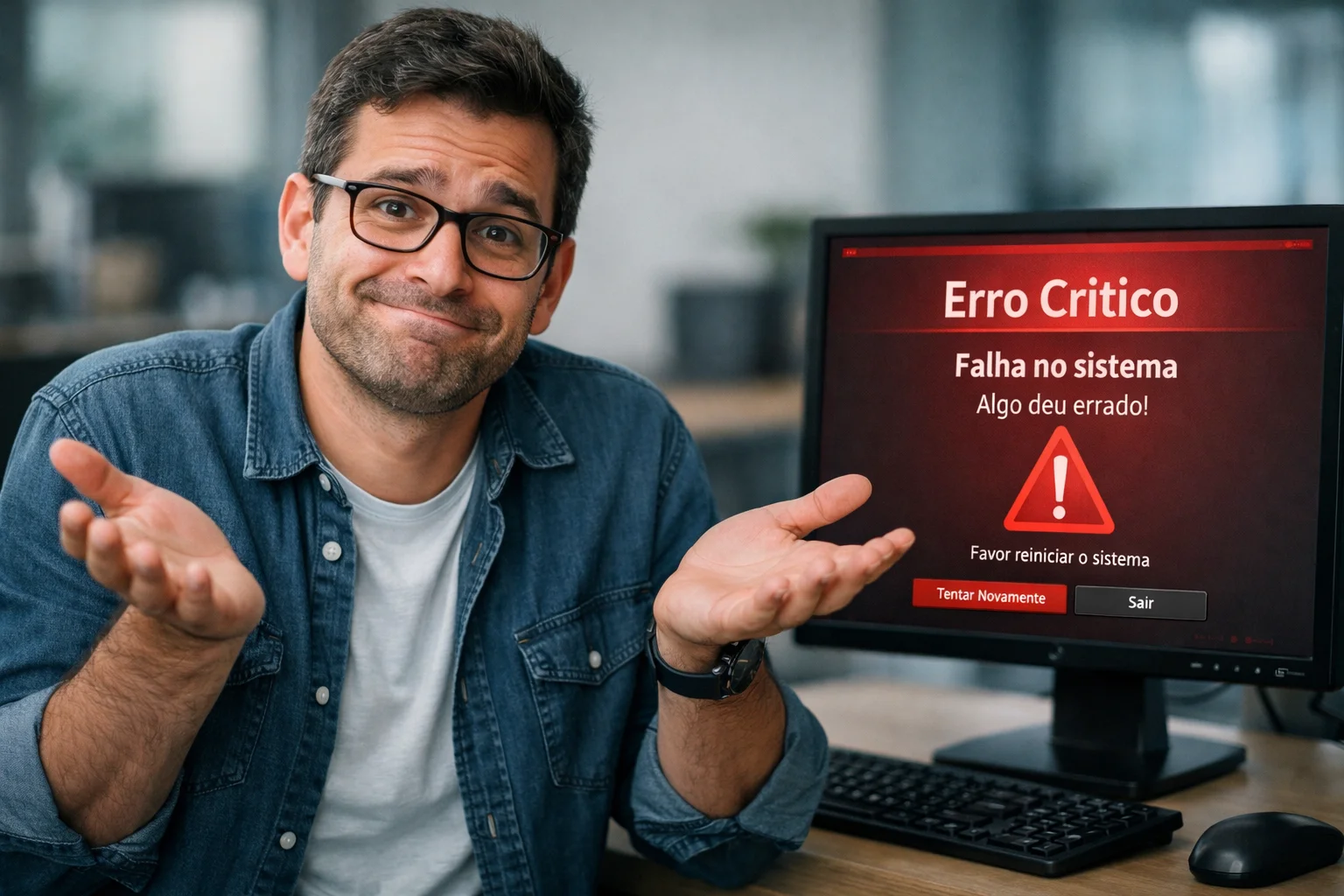 Homem brasileiro de óculos frustrado diante de erro crítico no computador em escritório