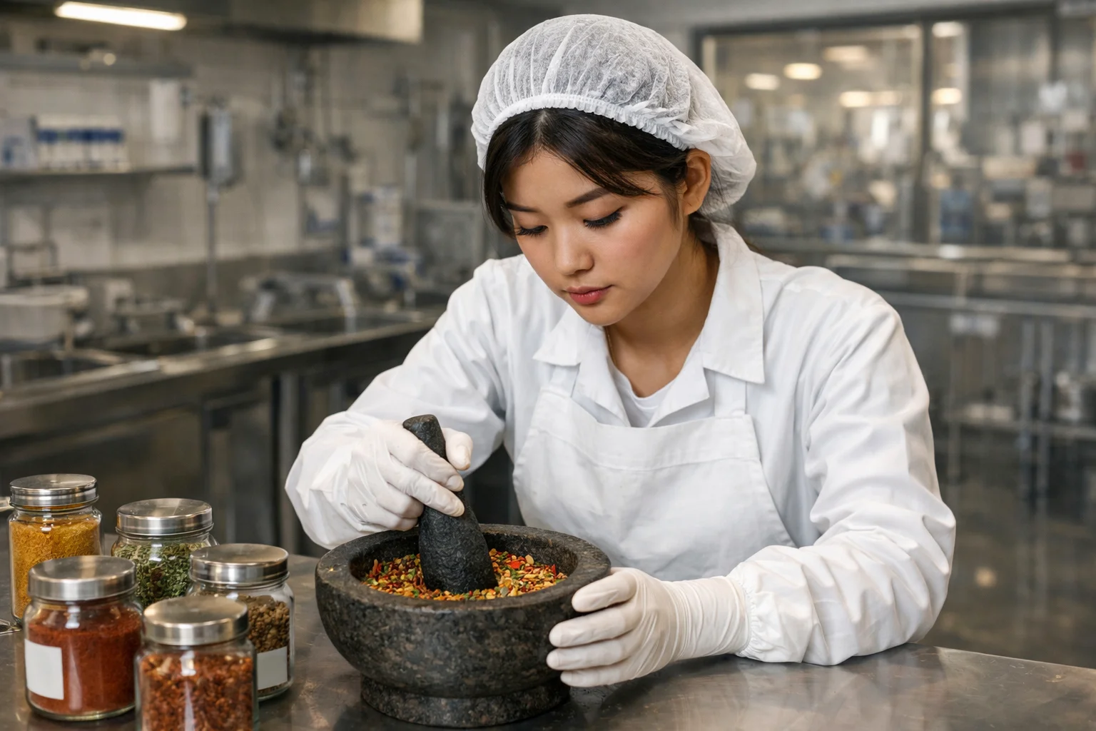 Funcionária preparando mistura de temperos em almofariz em cozinha industrial organizada