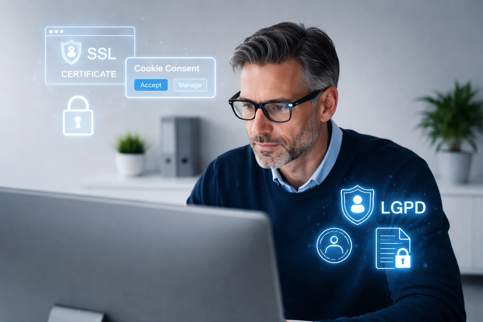 Homem de meia-idade usando óculos analisa tela de computador com ícones de segurança digital, SSL, cookies e LGPD ao redor