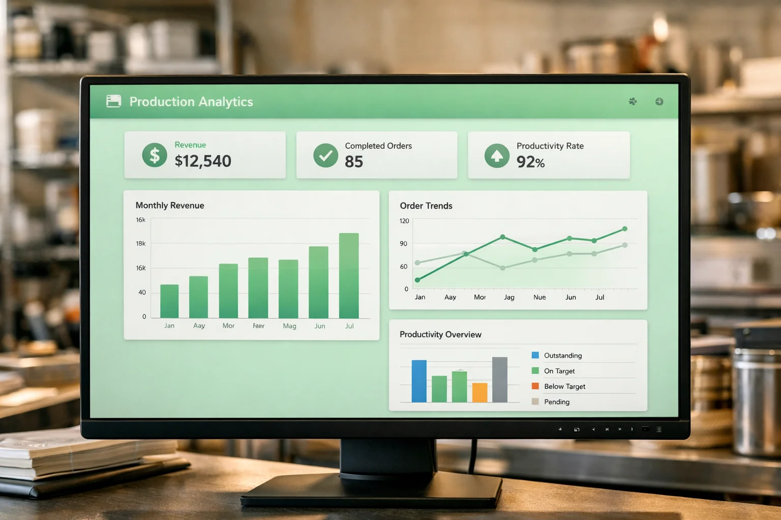 Painel com gráficos e indicadores para controle da operação empresarial