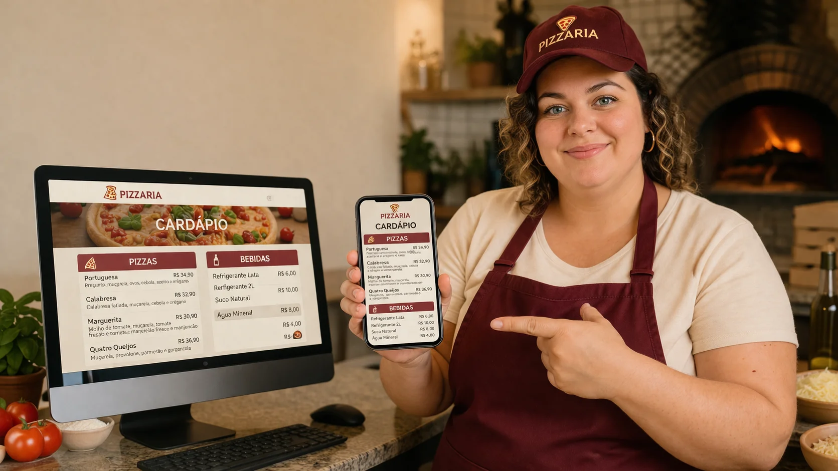 Empresária mostrando sites para restaurantes e pizzarias.