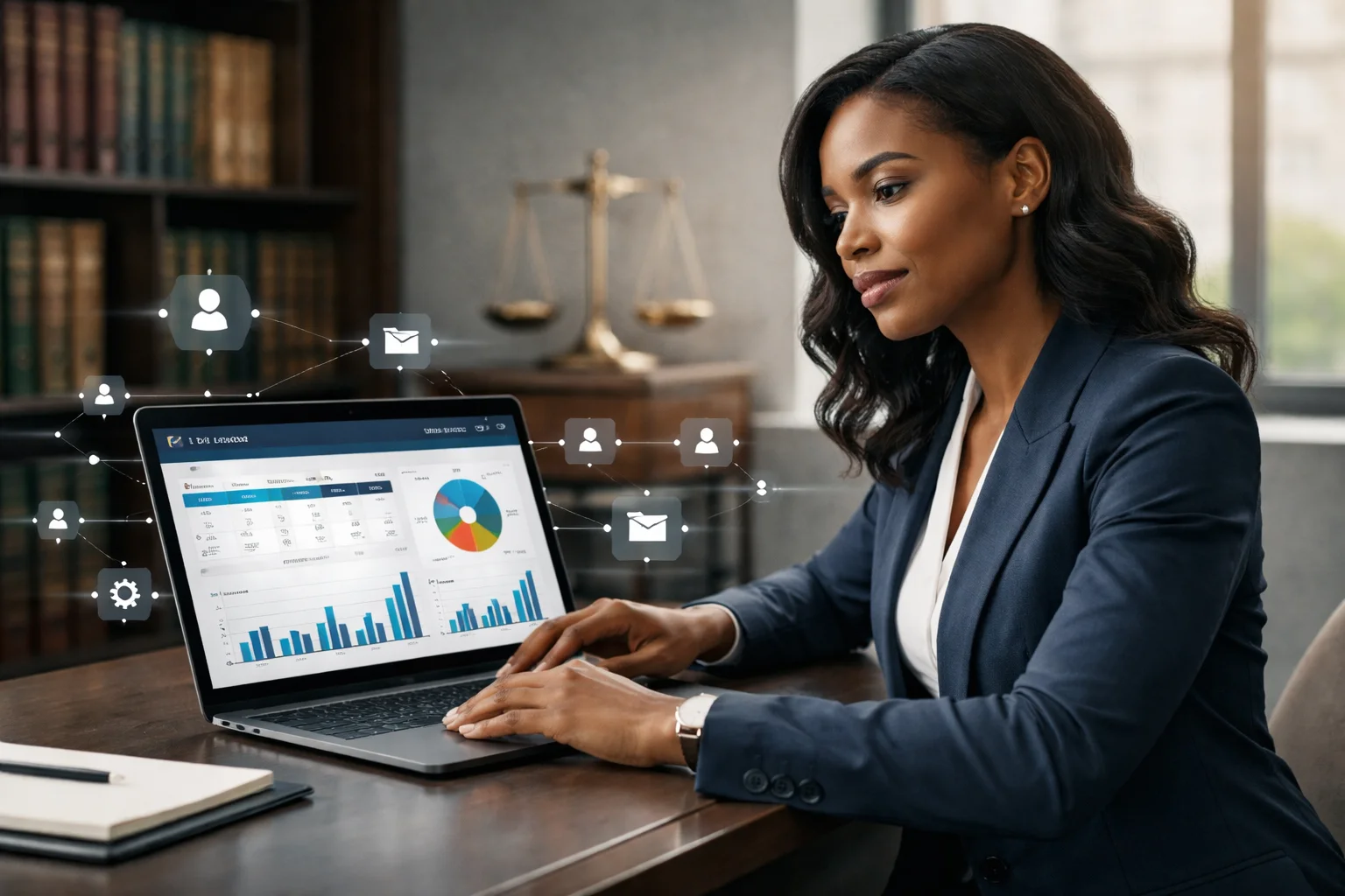 Advogada utilizando CRM para gerenciar leads e clientes em escritório de advocacia