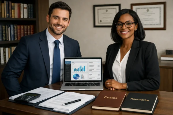 Advogados em escritório moderno, ao lado de laptop com dashboard financeiro