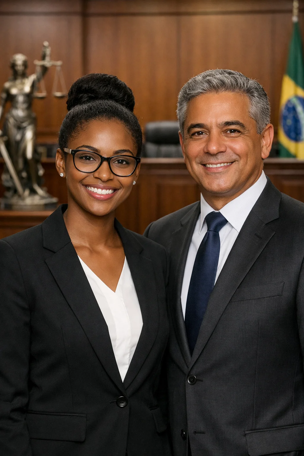 Advogada e advogado brasileiros em tribunal de justica olhando para camera com postura profissional