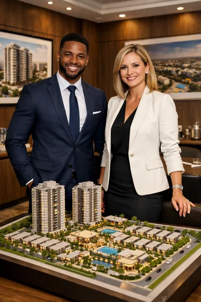 Corretores em imobiliária ao lado de maquete de condomínio em escritório sofisticado