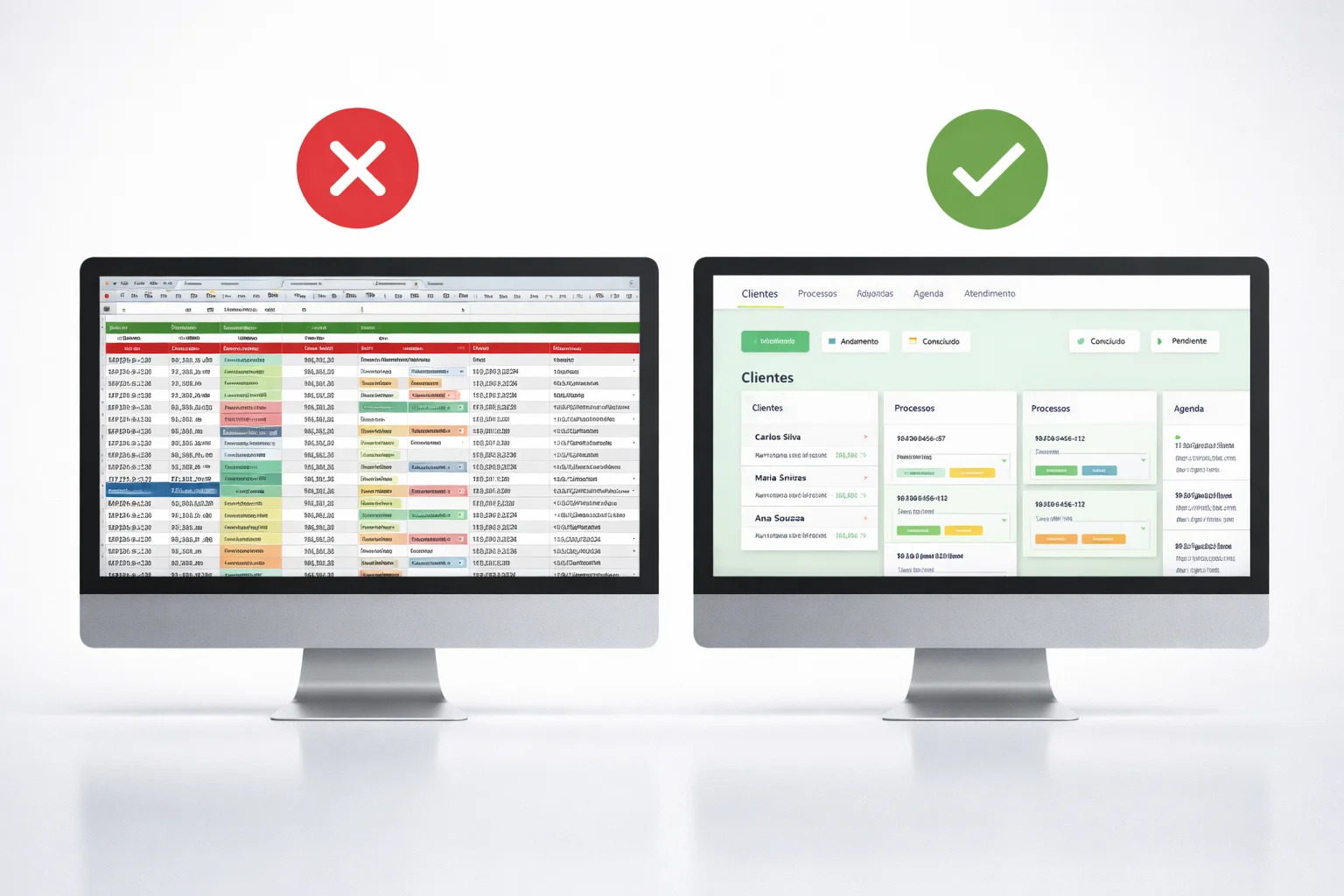 Comparacao entre planilha desorganizada e CRM para advogados com dashboard moderno