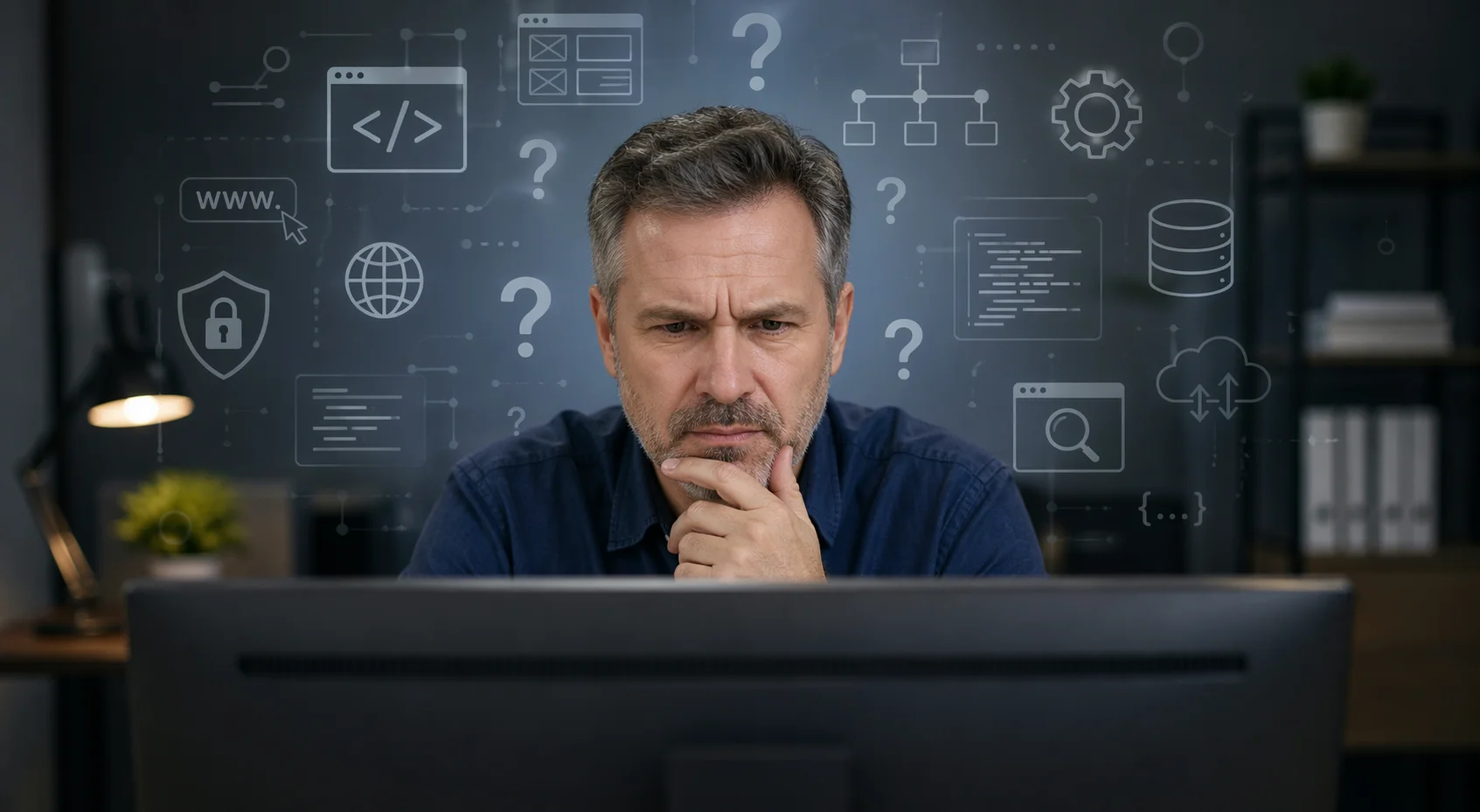 Homem observando computador repleto de dúvidas. FAQ AbaCode