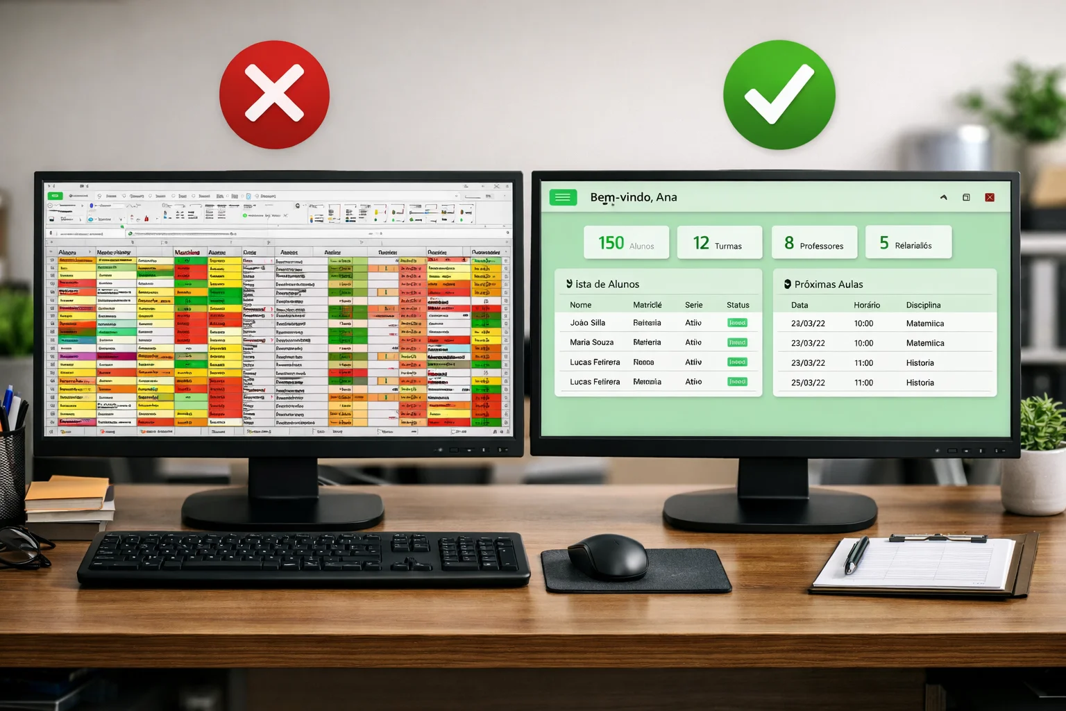 Comparação entre planilha desorganizada e software de educação e cursos com dashboard moderno