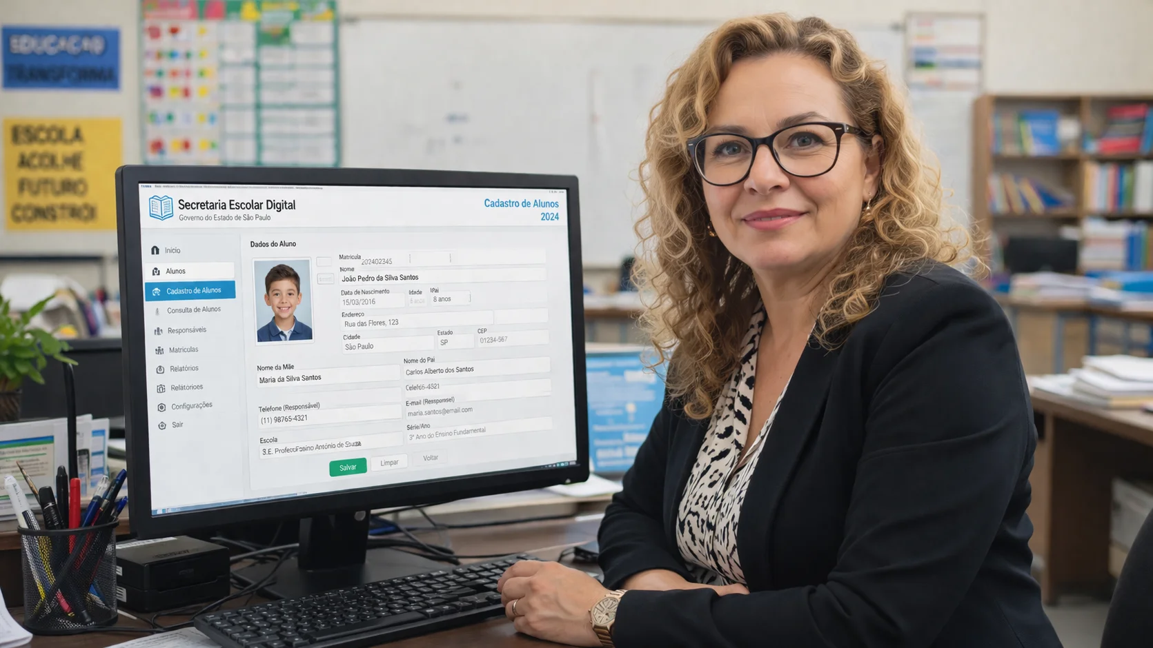 Sistema de educação e cursos com cadastro de aluno sendo exibido em computador em ambiente escolar