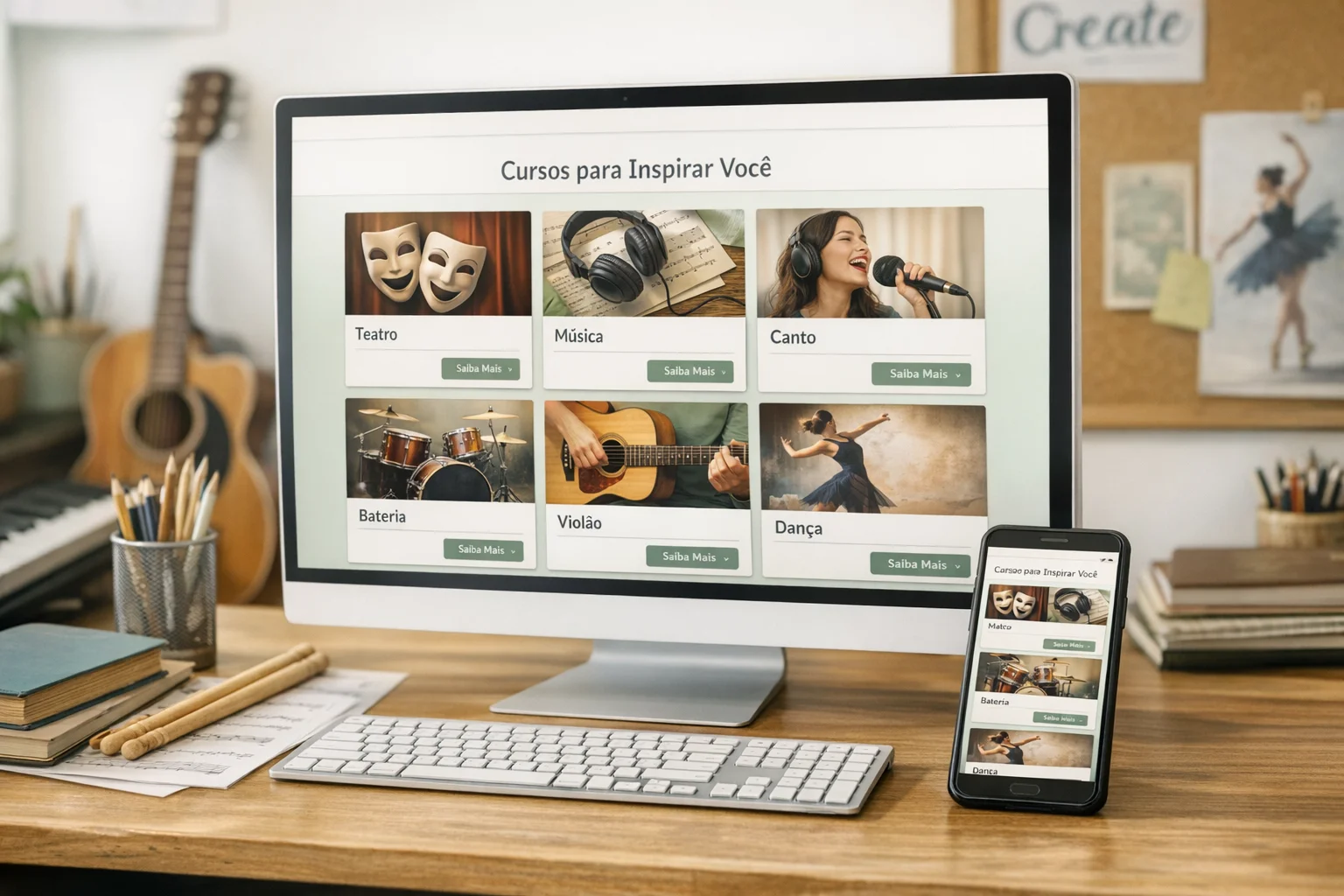 Site de educação e cursos exibido em computador e celular com layout moderno de escola de artes
