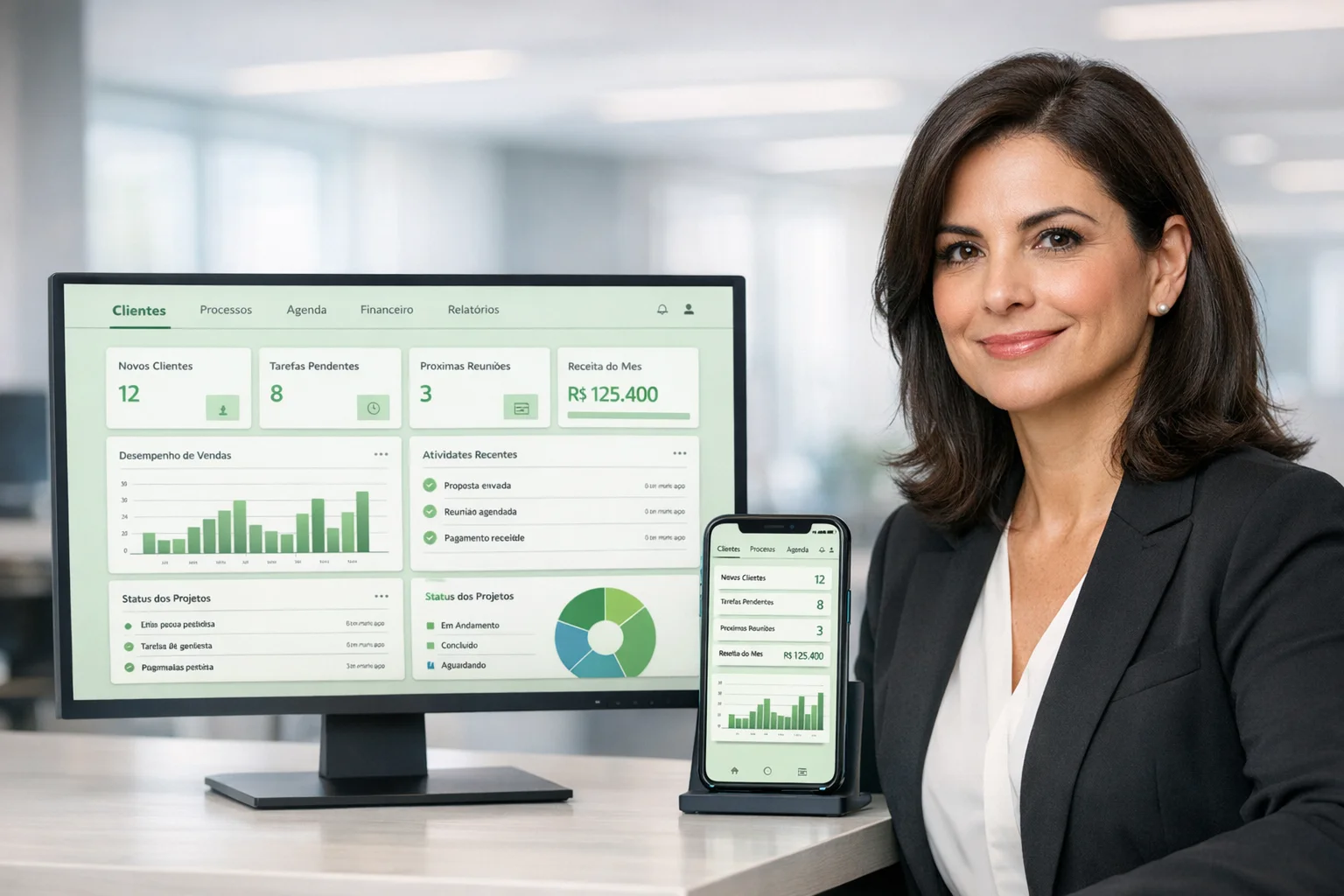 Sistema de gestao empresarial personalizado exibido em computador e celular