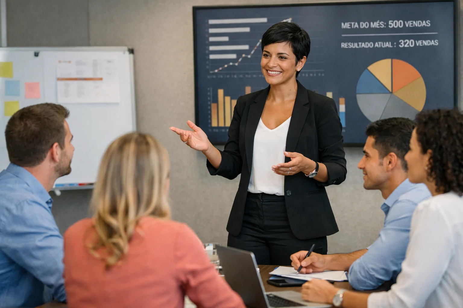 Gerente de vendas orientando equipe da área comercial em reunião estratégica com gráficos de desempenho ao fundo