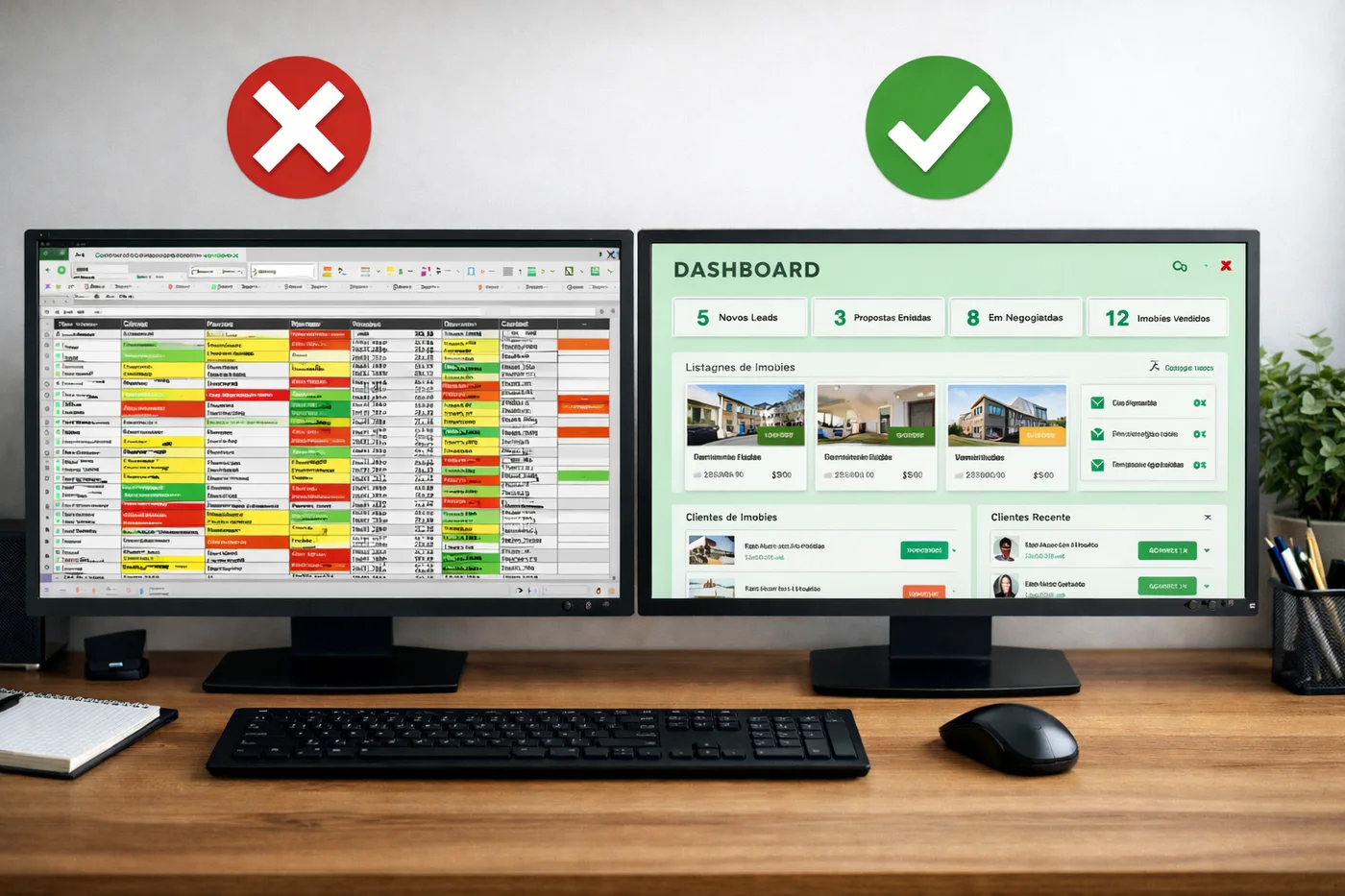 Comparação entre planilhas e software para imobiliárias com dashboard moderno