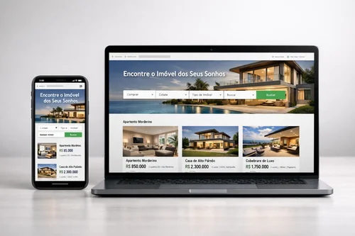 Site para imobiliárias exibido em computador e celular com layout moderno