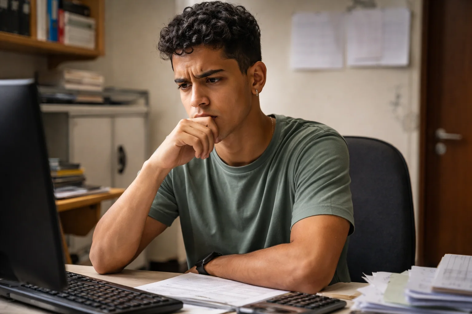 Jovem empresário confuso calculando preço de venda em escritório real