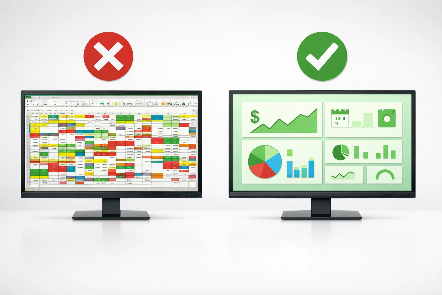Comparação entre planilha desorganizada e sistema de gestão moderno para Saúde e Estética