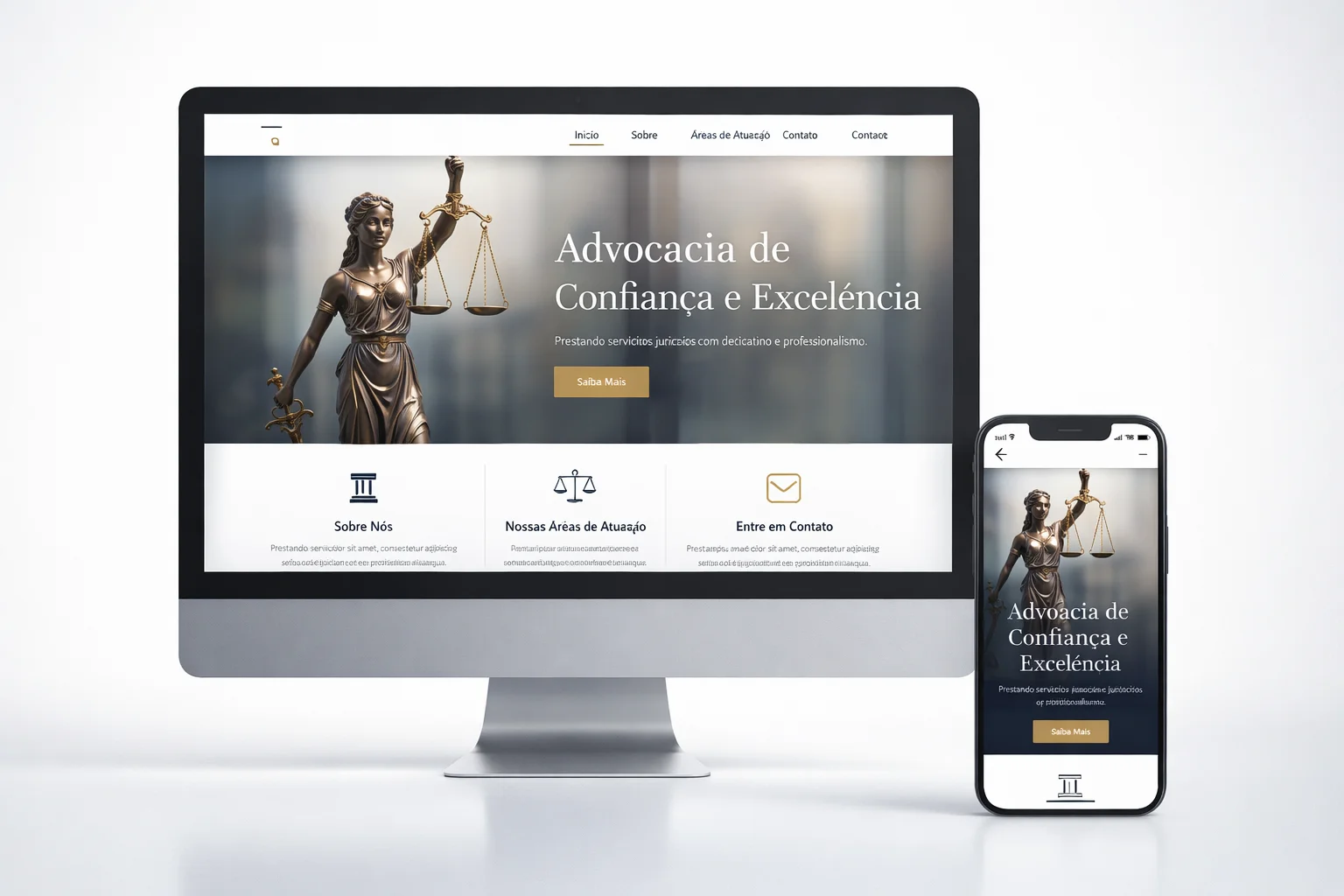 Site para advogados exibido em computador e celular mostrando layout responsivo profissional