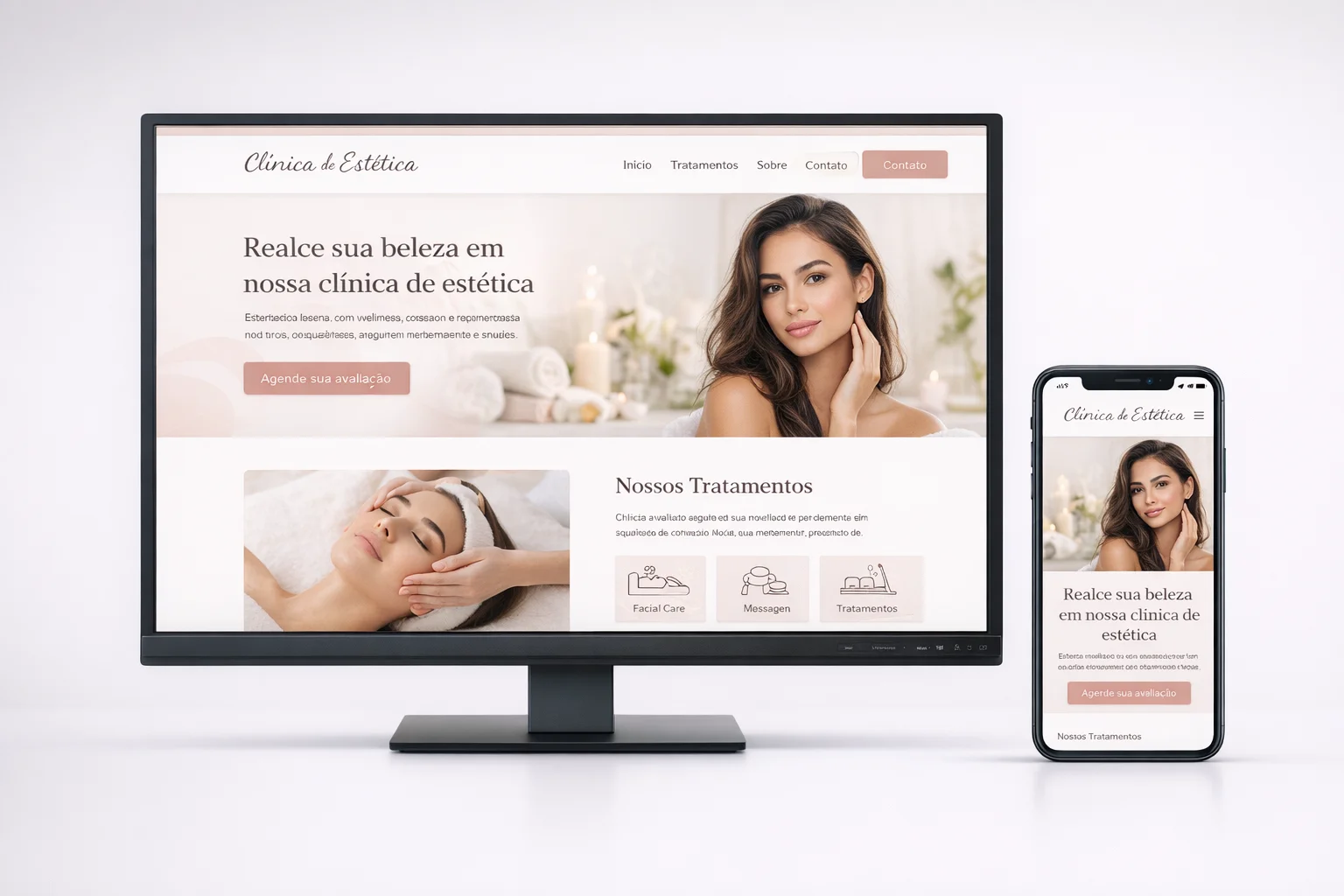 Site profissional exibido em computador e celular mostrando layout responsivo para Saúde e Estética