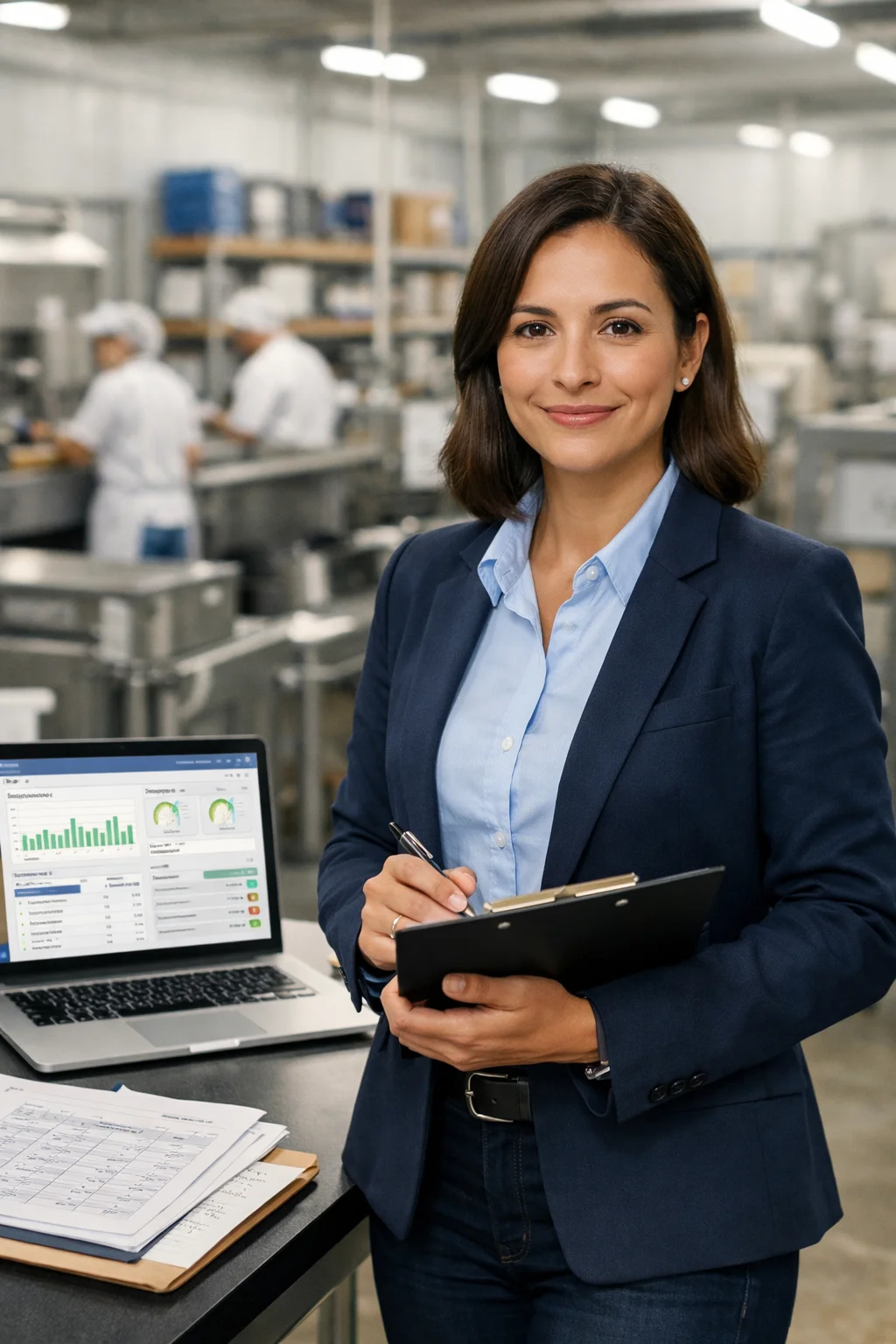 Empresária em indústria analisando software para indústrias com dashboard de produção e gestão