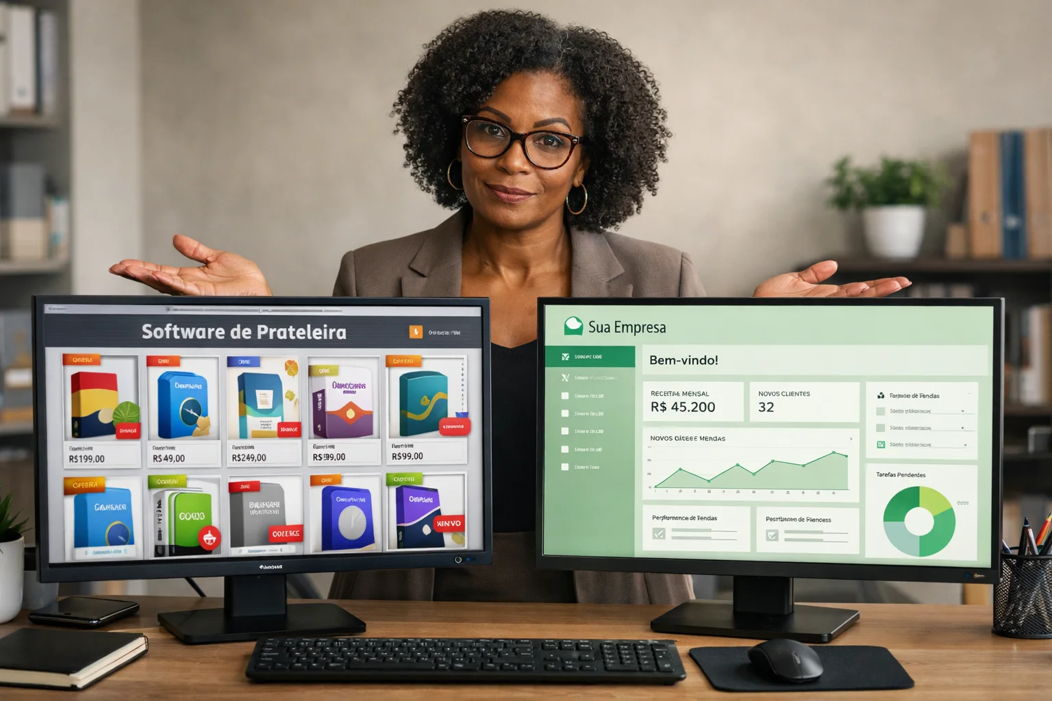 Comparação entre softwares de prateleira e sistemas customizados em duas telas de computador com dashboard moderno e loja virtual
