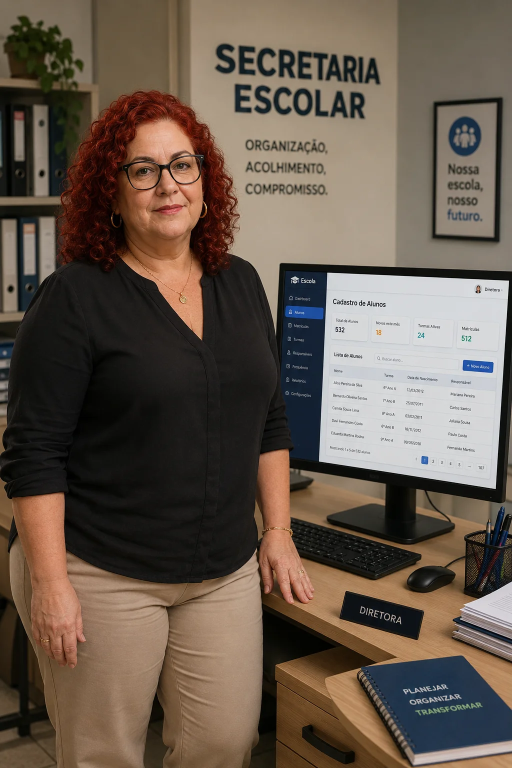Sistema de educação e cursos com cadastro de aluno sendo exibido em computador em ambiente escolar