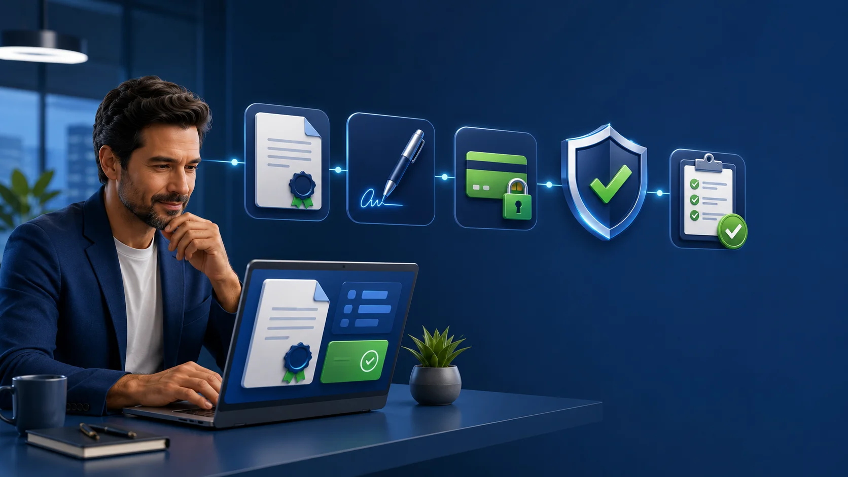 Imagem corporativa sobre contrato digital, pagamento seguro e entrega documentada