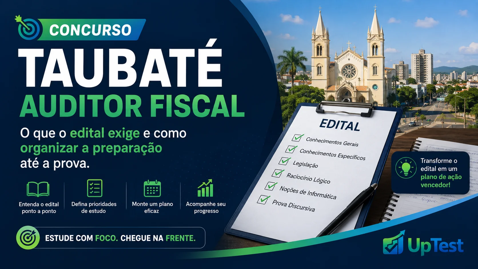 Arte sobre o concurso de Auditor Fiscal de Taubaté com edital, itens de estudo e vista da cidade