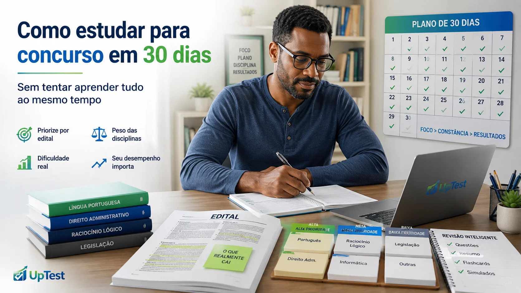 Candidato estudando para concurso com edital, materiais de estudo e plano de 30 dias