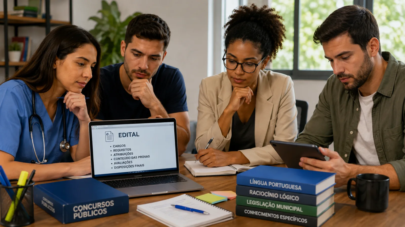 Candidatos analisando diferentes opções de cargos em um concurso municipal.