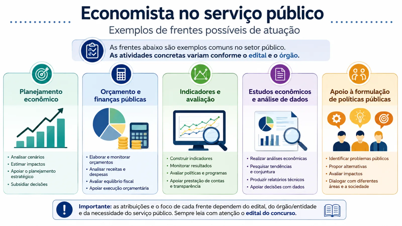 Infográfico com exemplos de frentes de atuação de Economista no serviço público.