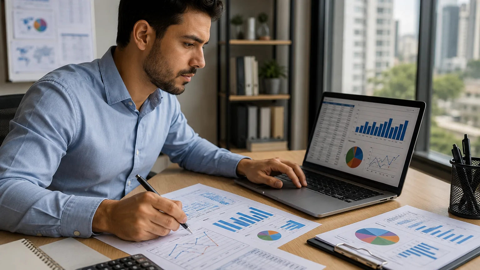 Economista analisando dados e indicadores em ambiente administrativo do setor público.