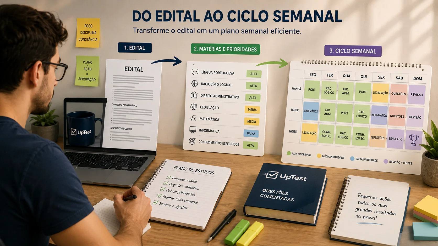 Ilustração representando a organização de um ciclo semanal de estudos para concursos a partir do edital