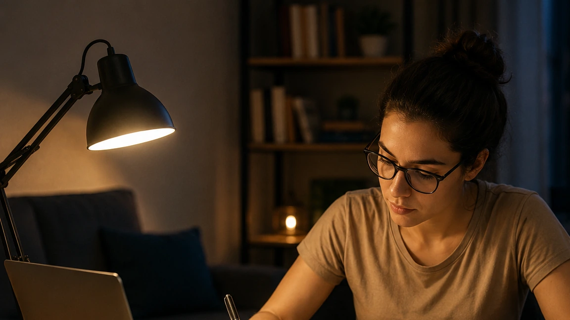 Pessoa estudando para concurso em casa à noite, diante de um notebook.