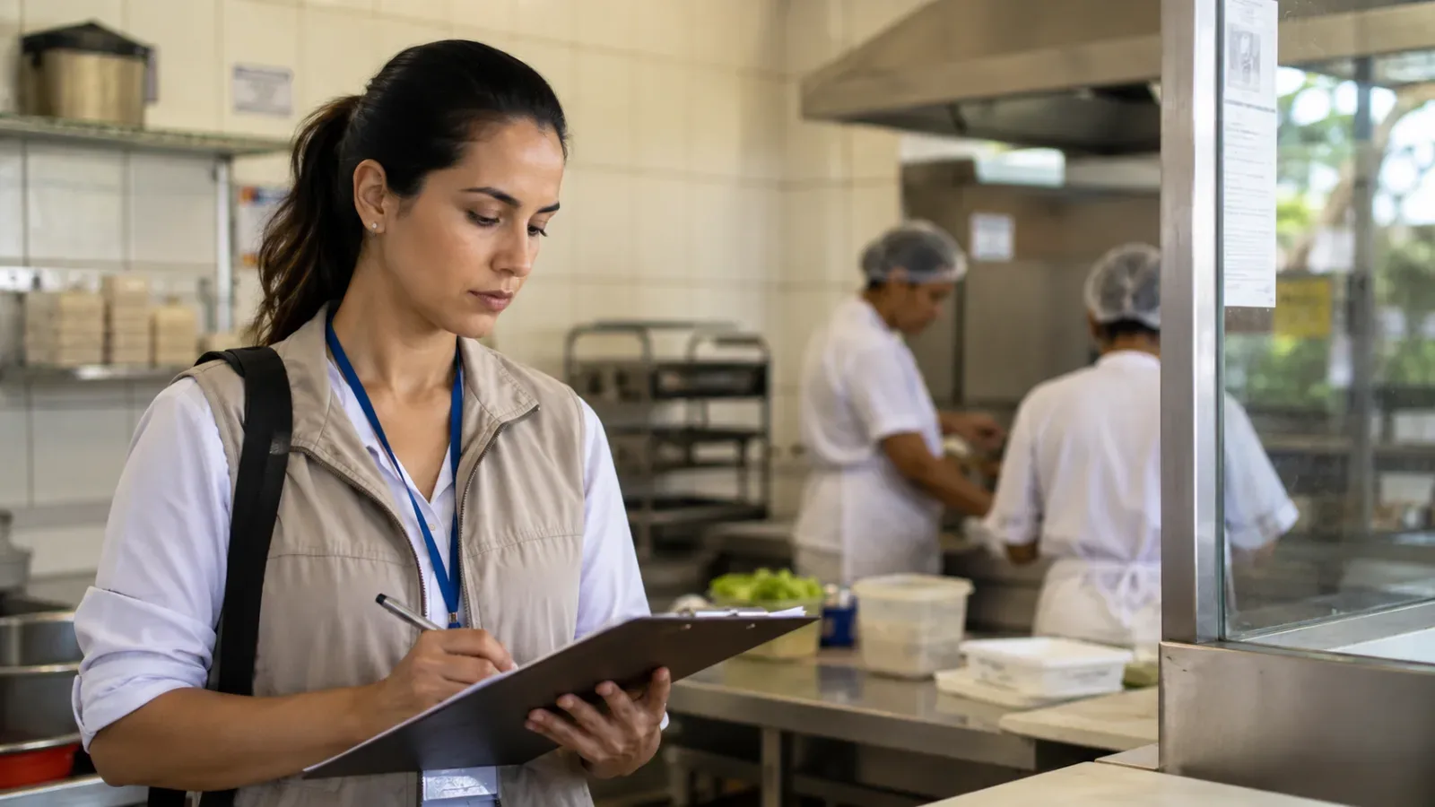 Profissional analisando condições e informações em ambiente relacionado à fiscalização sanitária.