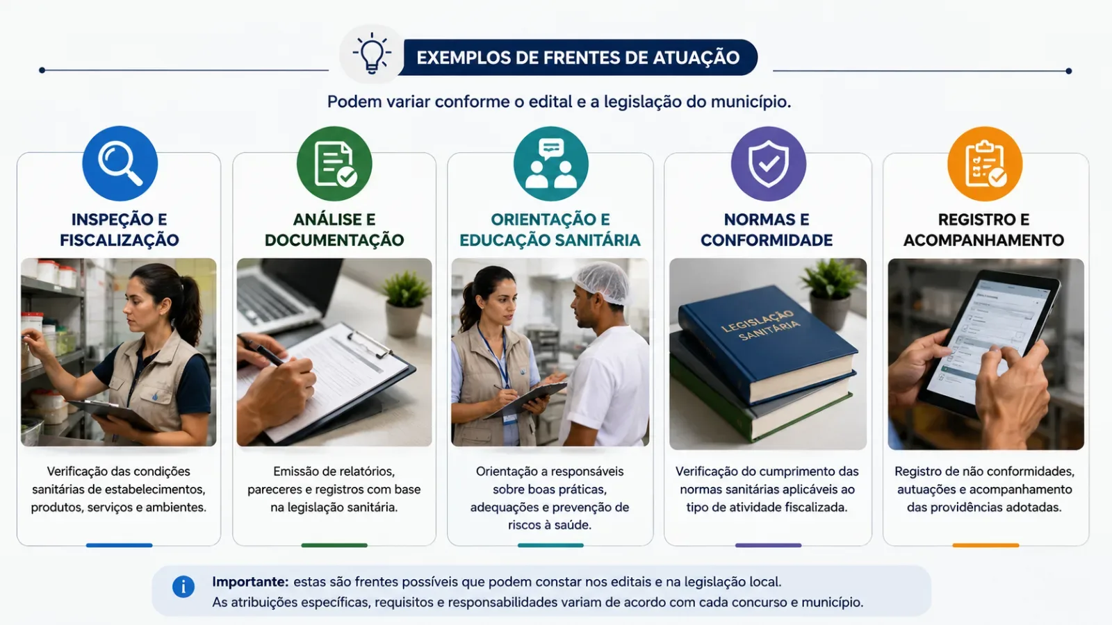 Infográfico com exemplos de frentes de atuação relacionadas à fiscalização sanitária municipal.