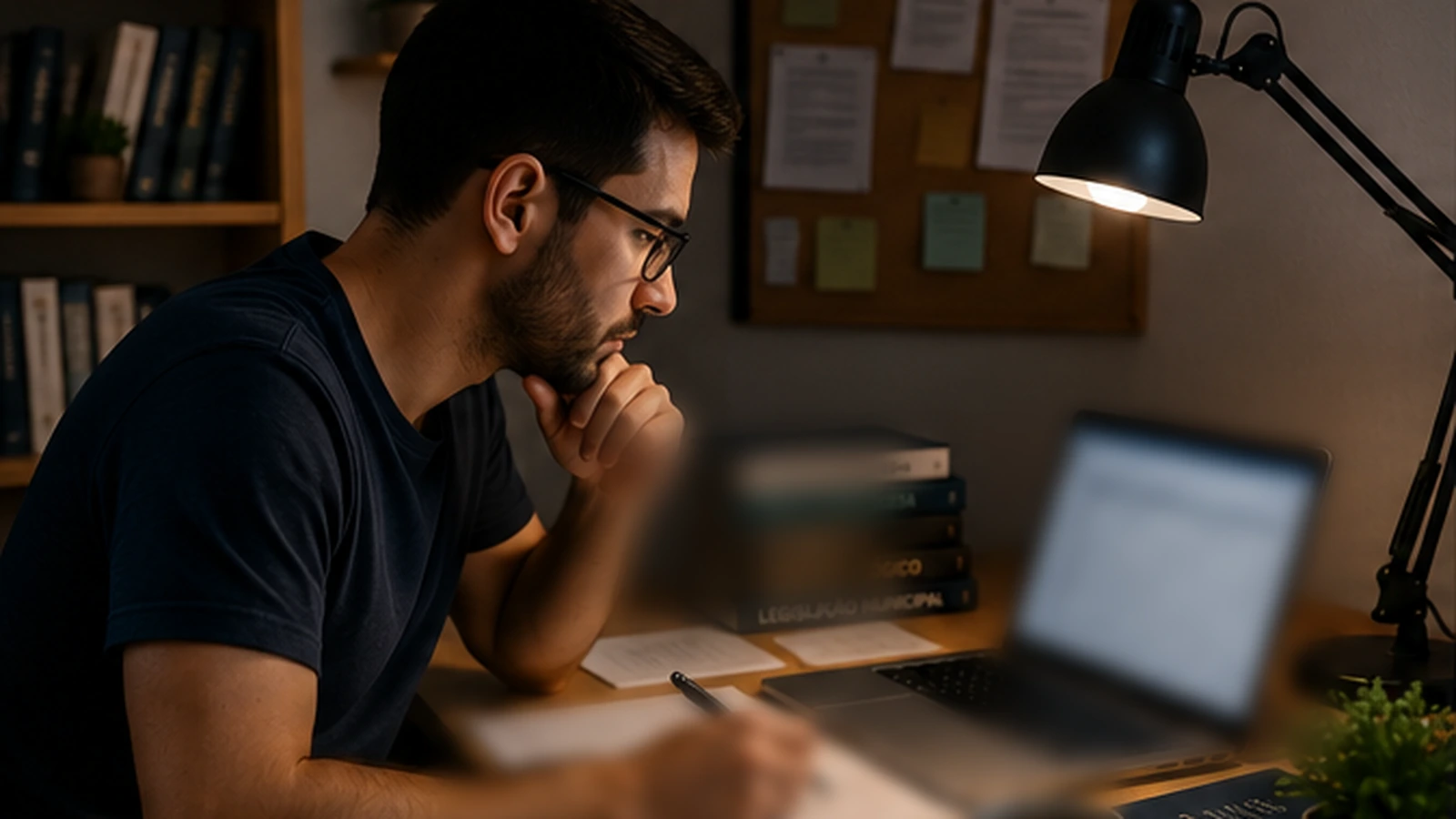 Candidato analisando materiais impressos e digitais e fazendo anotações em uma mesa de estudos.