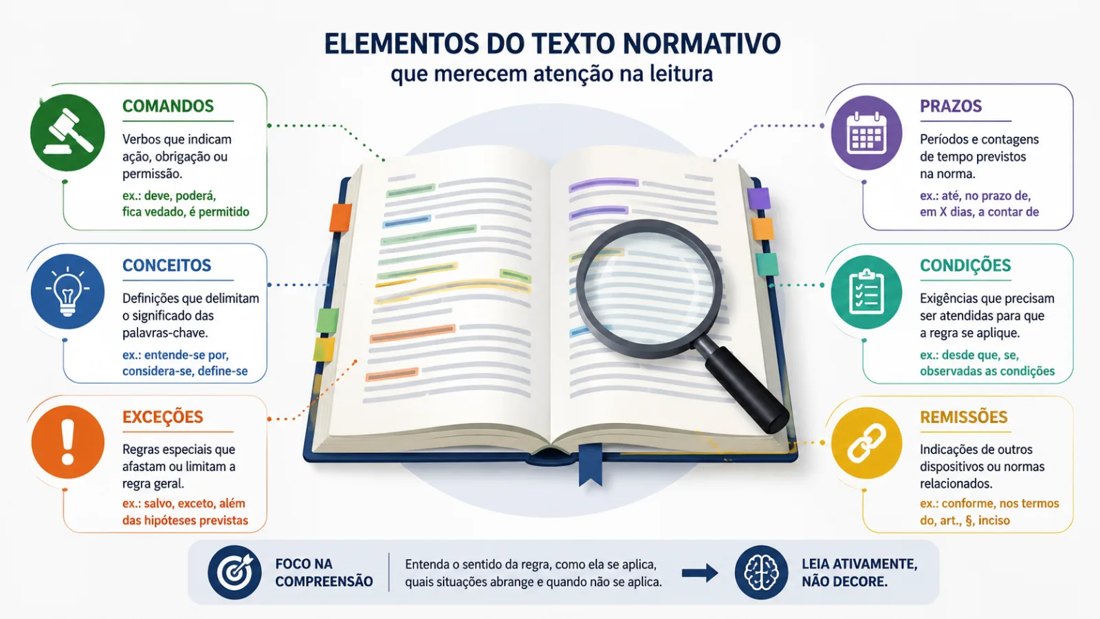 Elementos do texto normativo que merecem atenção durante o estudo de legislação para concursos.