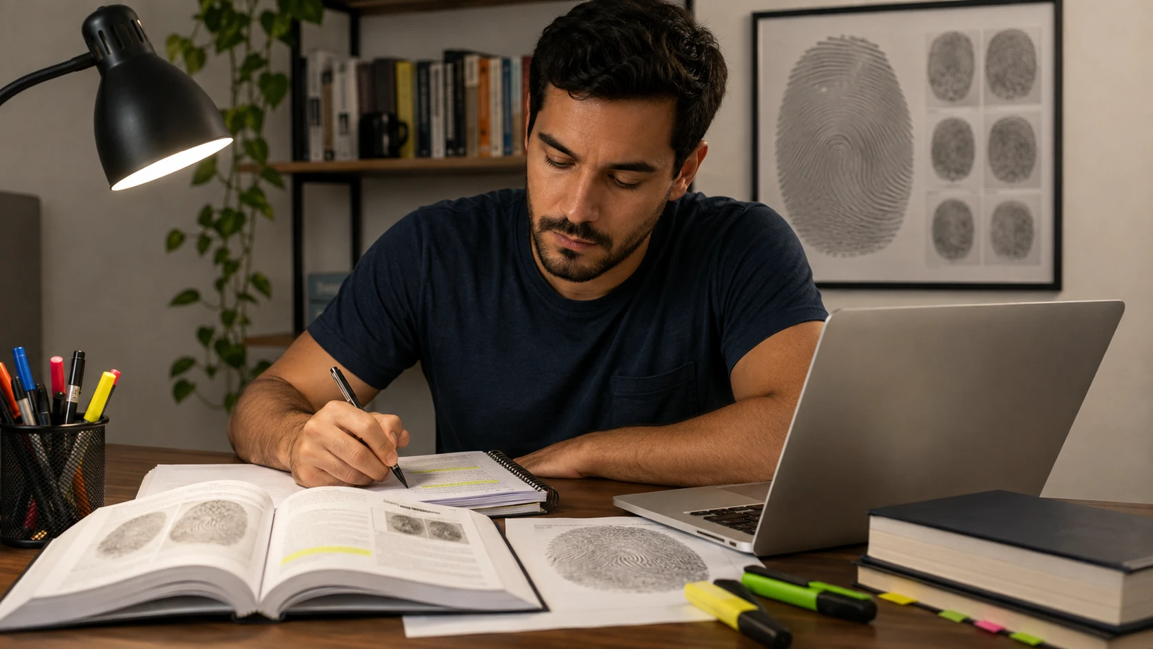 Candidato estudando para concurso de Papiloscopista com materiais de estudo, notebook e referências visuais a impressões digitais.