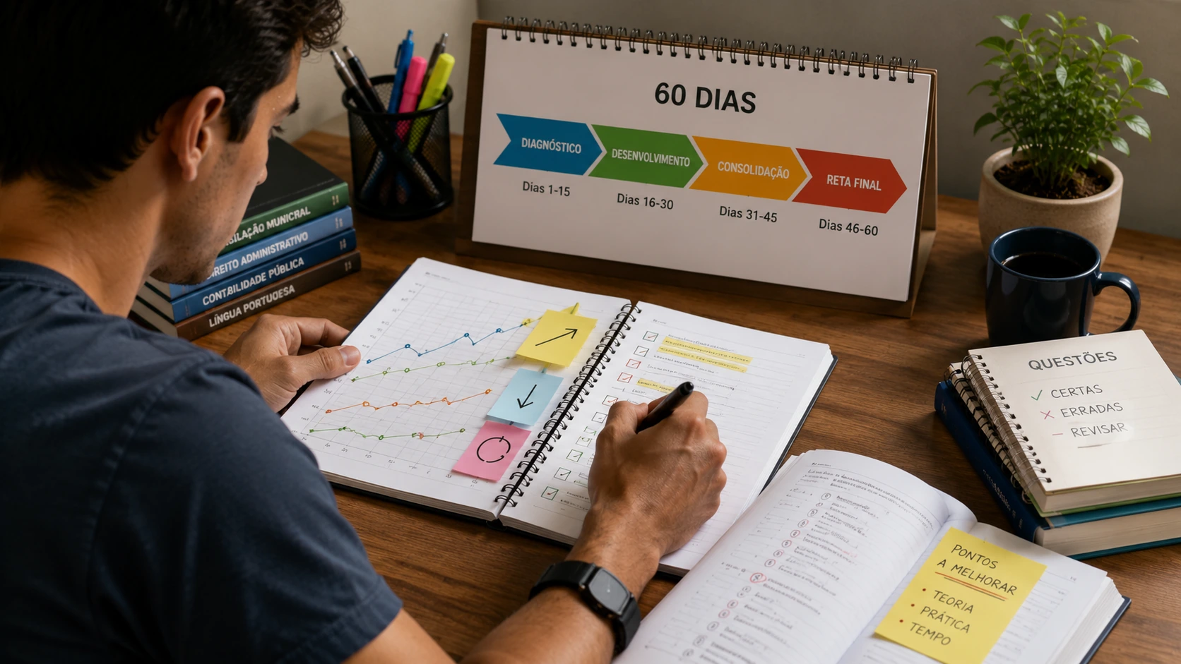 Candidato analisando resultados e anotações de estudo diante de um calendário de 60 dias dividido em fases de preparação.