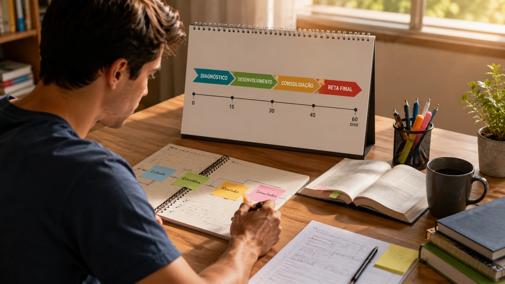 Candidato organizando os estudos diante de um calendário de 60 dias dividido em diagnóstico, desenvolvimento, consolidação e reta final.