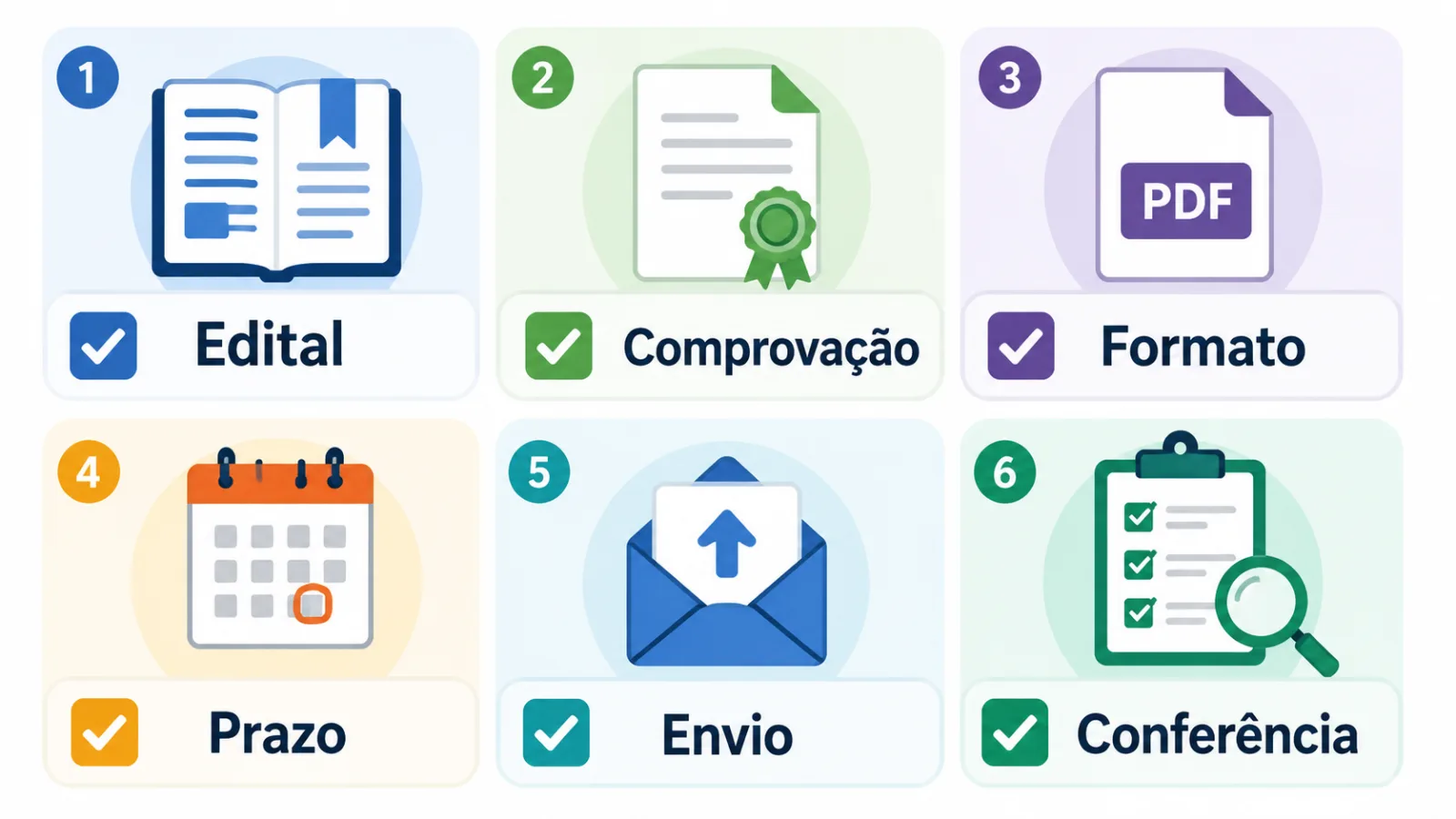 Checklist visual para conferir documentos, formato, prazo e envio na prova de títulos.