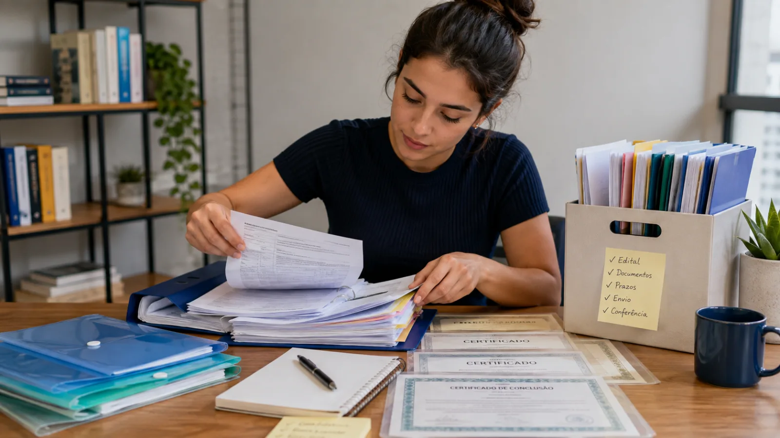 Candidata organizando documentos e certificados para uma etapa de prova de títulos